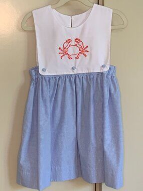 Stitchy Fish Blue Gingham Crab Dress White Bib Collar Size 5 Coastal Preppy